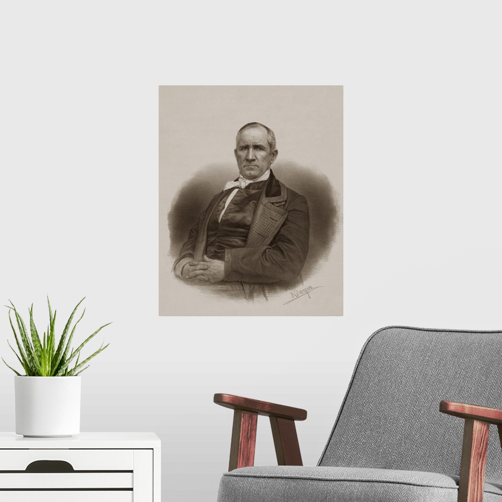 A modern room featuring Vintage American history image of politician and soldier, Samuel Houston.