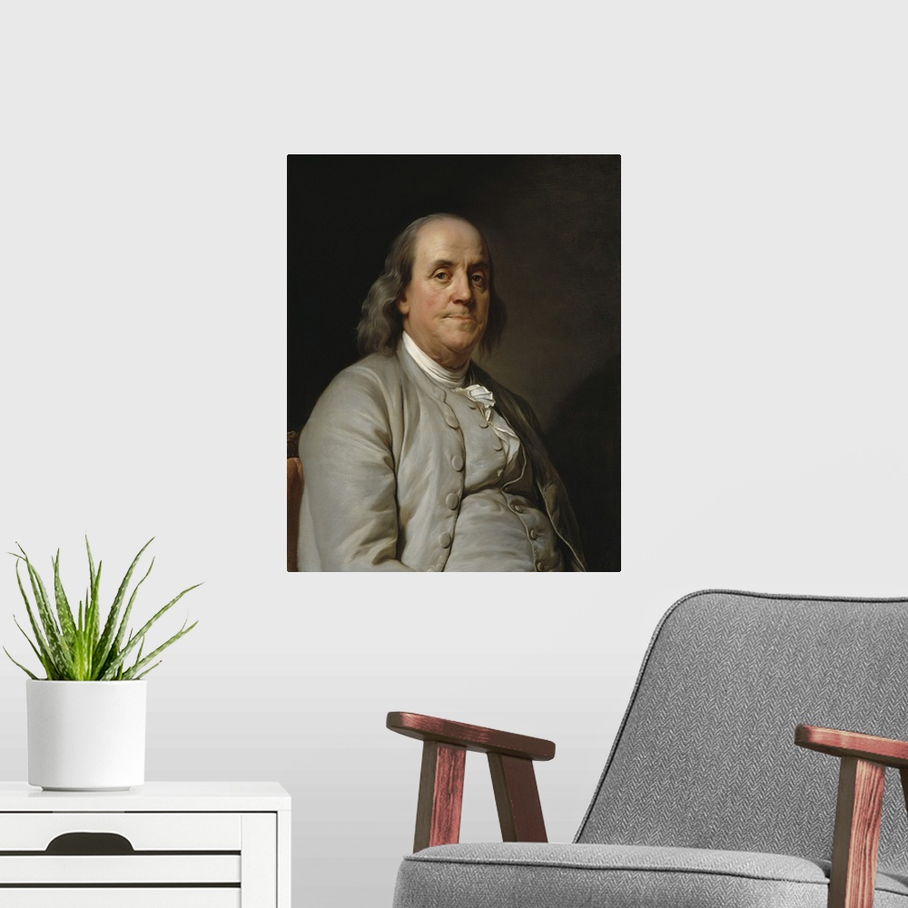 A modern room featuring Portrait painting of Founding Father Benjamin Franklin. Original by Joseph Duplessis, 1778.