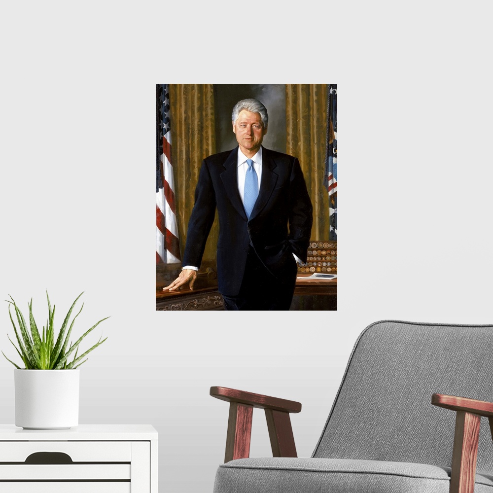 A modern room featuring Digitally restored American History poster of the Official White House painting of President Bill...
