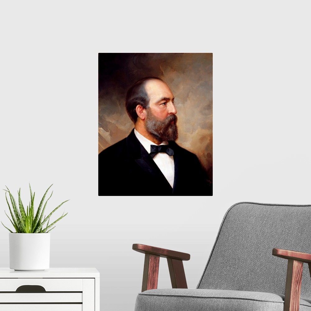 A modern room featuring Vintage American history painting of President James Garfield.