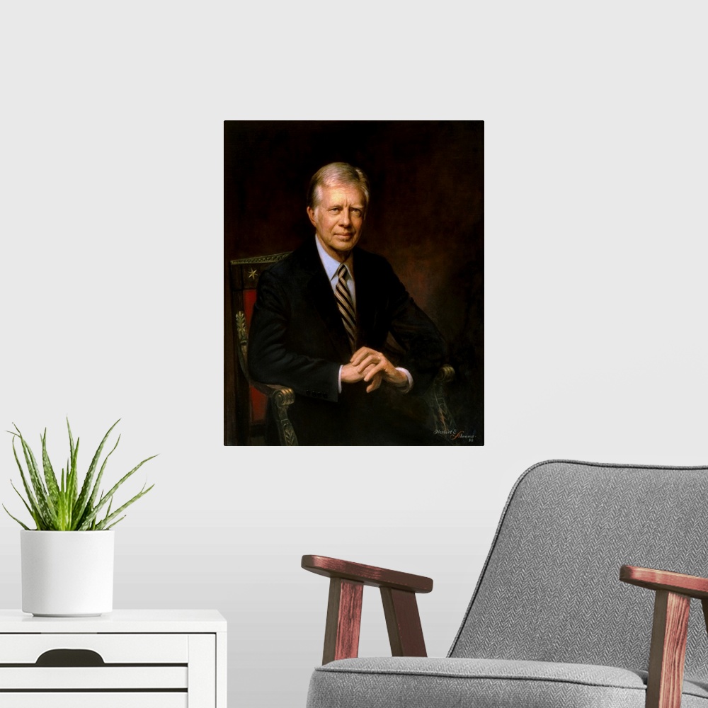 A modern room featuring Presidential portrait of Jimmy Carter.