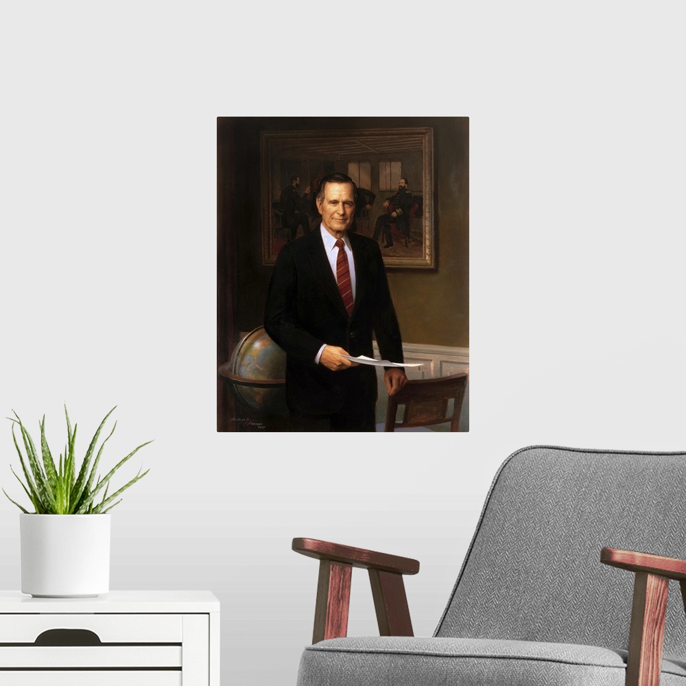 A modern room featuring Presidential portrait of President George H.W. Bush.