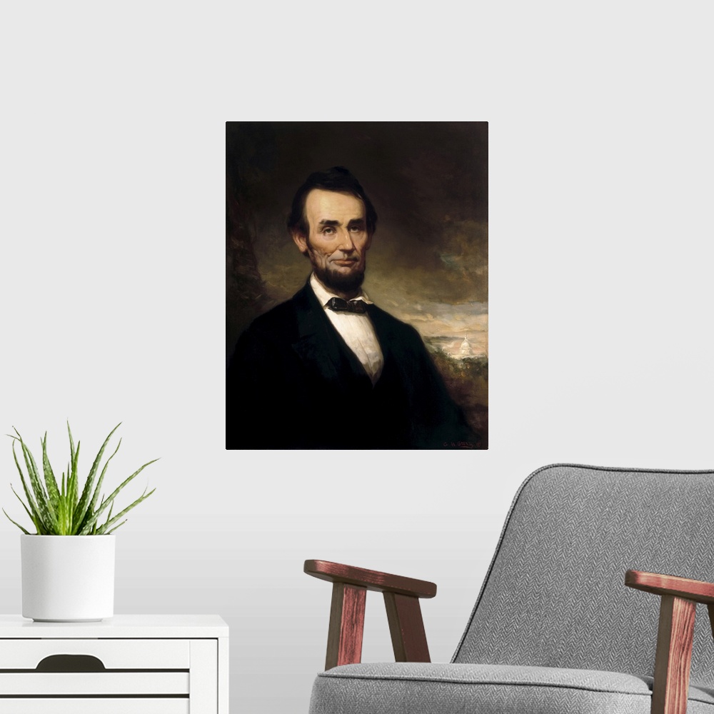 A modern room featuring Presidential portrait of the 16th U.S. President, Abraham Lincoln. Original painting by George He...