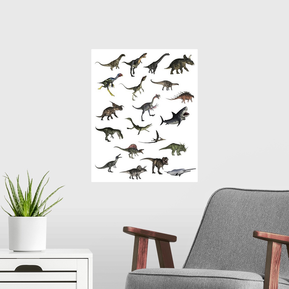 A modern room featuring Set of dinosaurs on a white background.