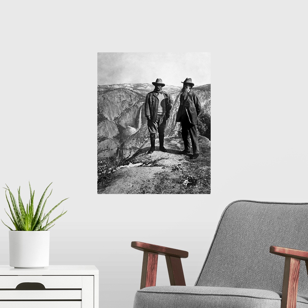 A modern room featuring President Theodore Roosevelt and John Muir while visiting Glacier Point at the Yosemite Valley in...