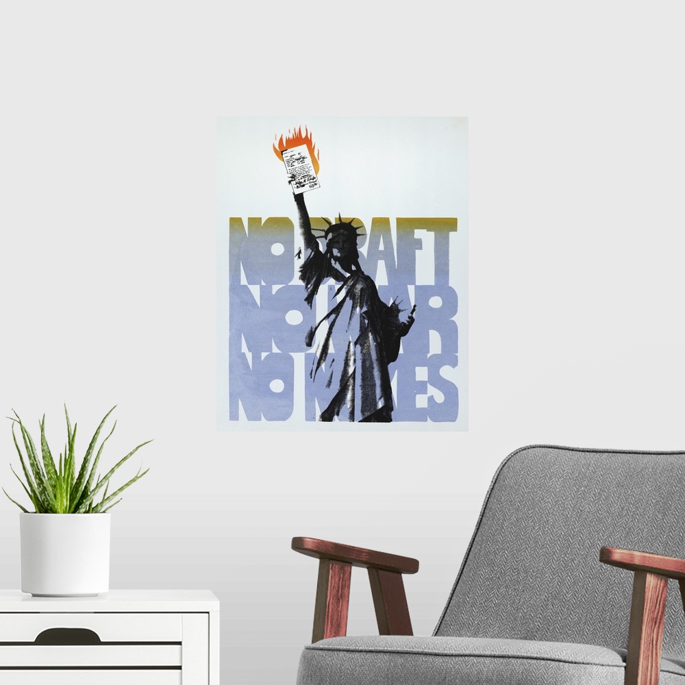 A modern room featuring Contemporary 20th century U.S. history print showing the Statue of Liberty holding up a burning d...