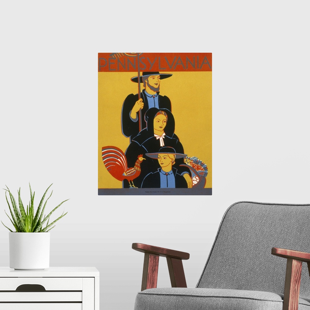A modern room featuring Vintage 1936 Travel Poster Promoting Lancaster County, Pennsylvania, Of An Amish Family