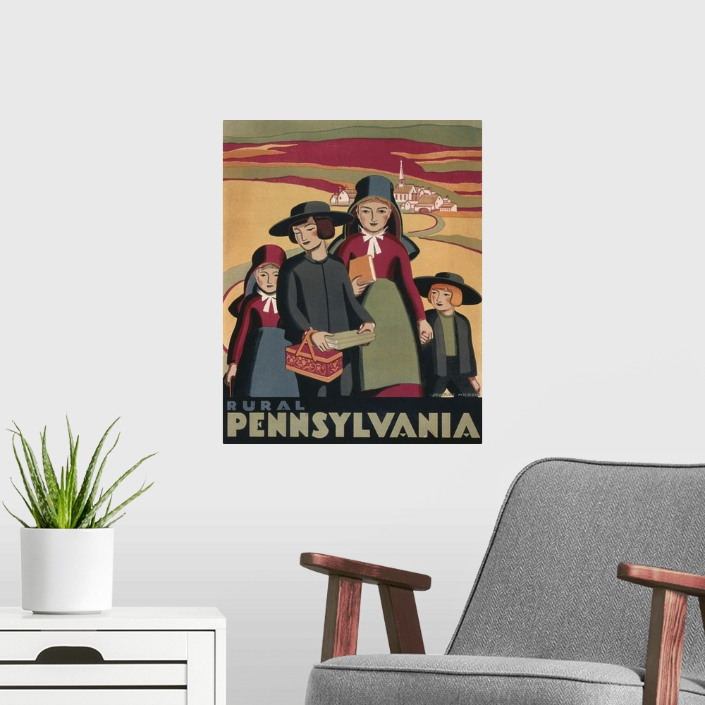 A modern room featuring Vintage 1936 Travel Poster Promoting Rural Pennsylvania