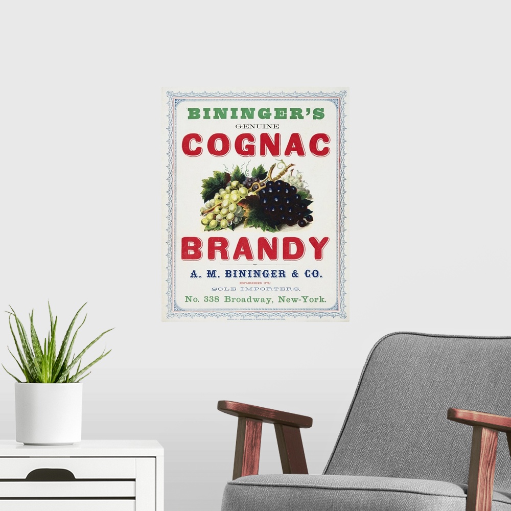 A modern room featuring Vintage Advertisement For Bininger's Cognac Brandy