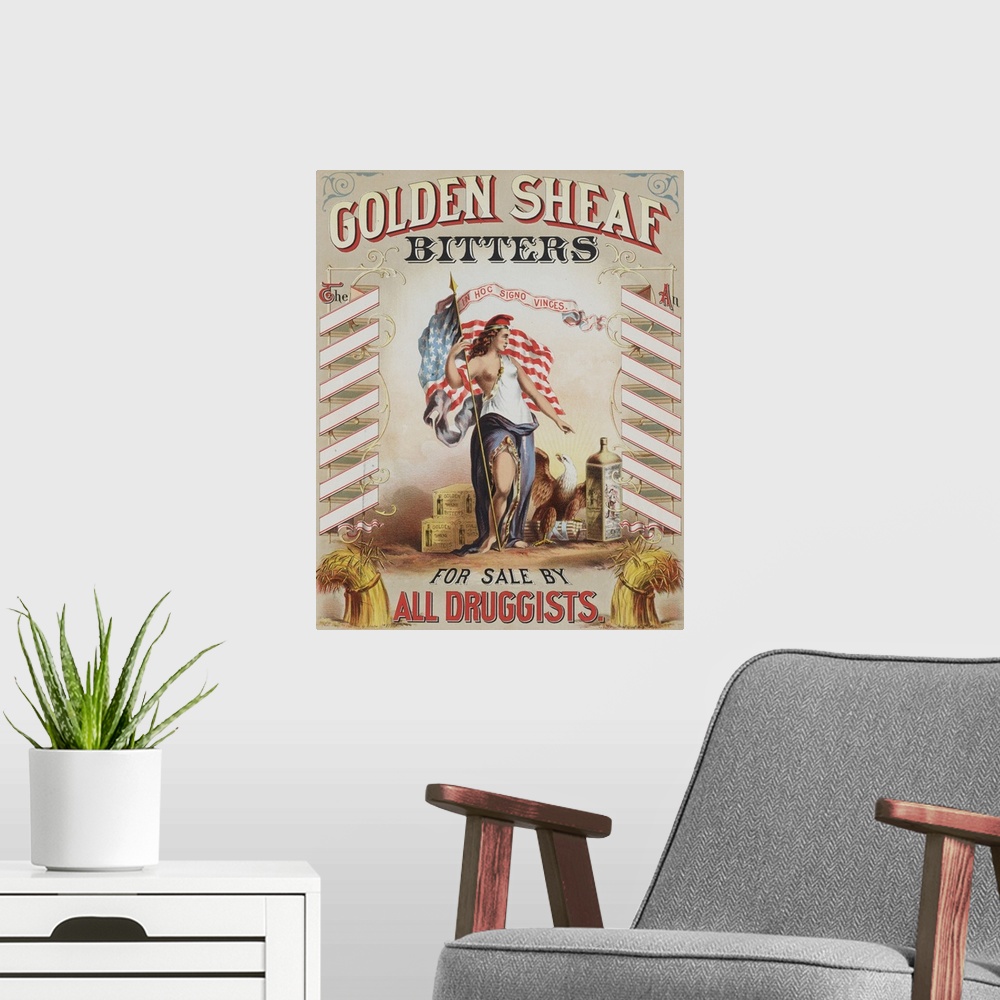 A modern room featuring Vintage Advertisement Of Goddess Columbia With An American Flag For Golden Sheaf Bitters