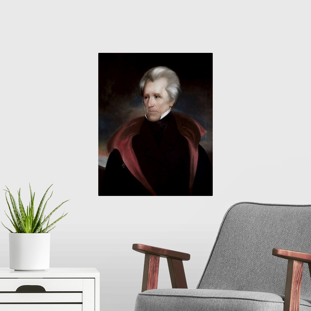 A modern room featuring Vintage American history painting of President Andrew Jackson.