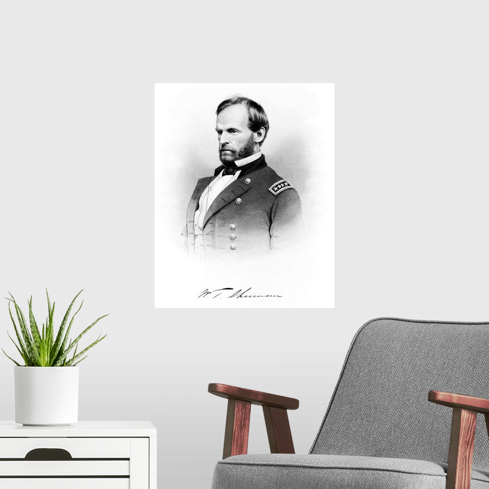 A modern room featuring Vintage Civil War print of General William Tecumseh Sherman and his signature.