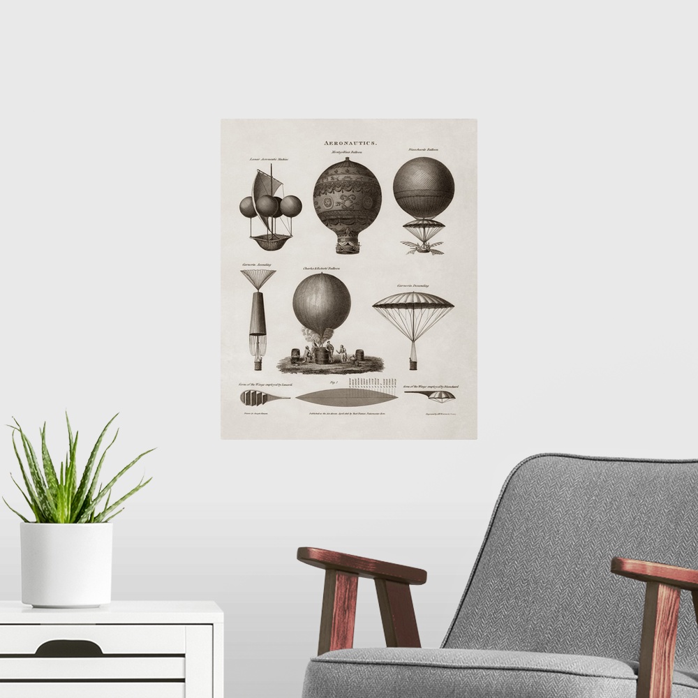 A modern room featuring Vintage illustration of early hot air balloon designs.