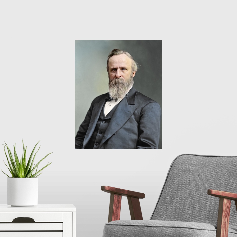 A modern room featuring Vintage portrait of President Rutherford B. Hayes.