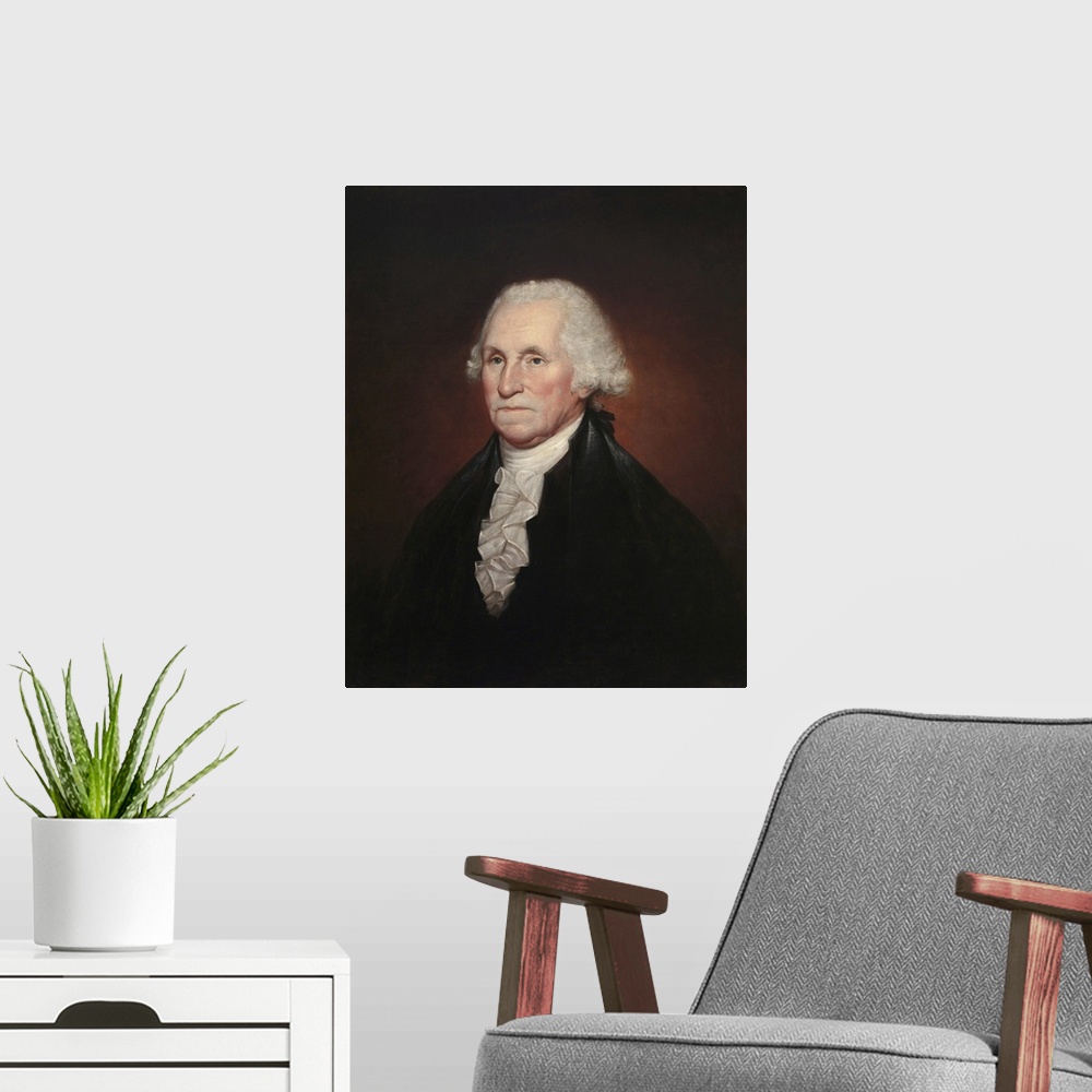 A modern room featuring Vintage Presidential history painting of President George Washington.
