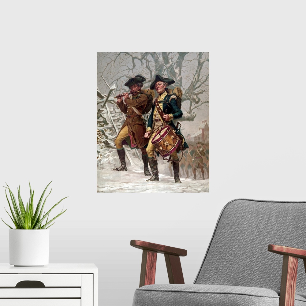 A modern room featuring Vintage Revolutionary War Print of American minutemen being led into battle by a drummer and a so...