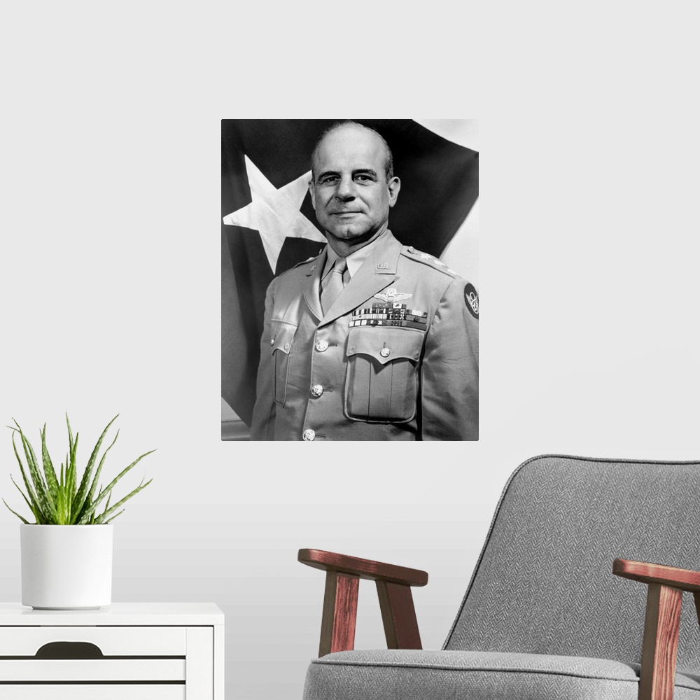 A modern room featuring Digitally restored vintage World War II photo of General James Doolittle.