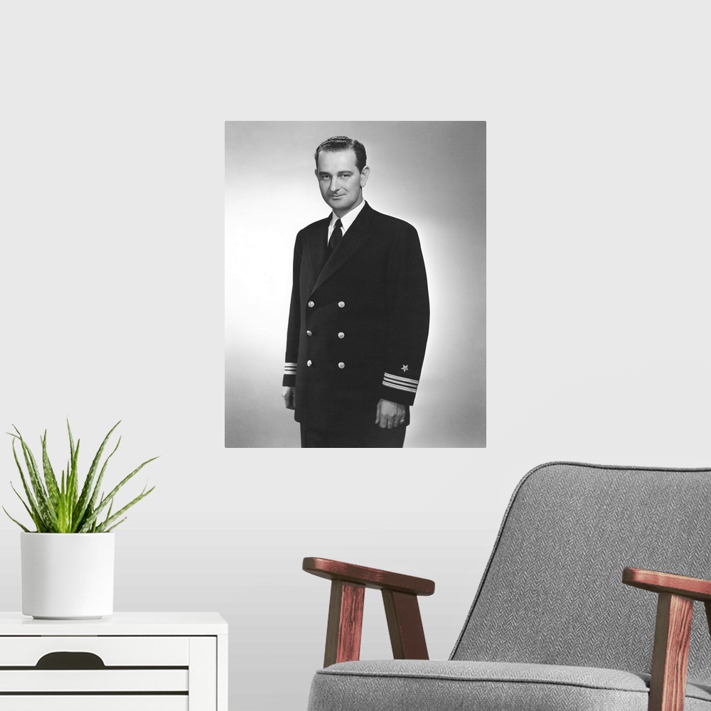 A modern room featuring World War II portrait of a young Lyndon Johnson in his naval uniform.