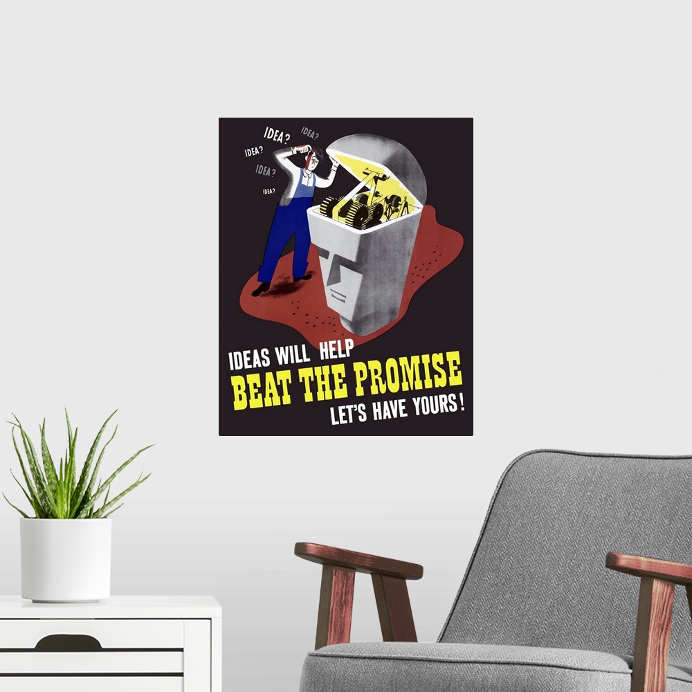 A modern room featuring Vintage World War II poster of a man inspecting the inner workings of a statue's brain. It reads,...