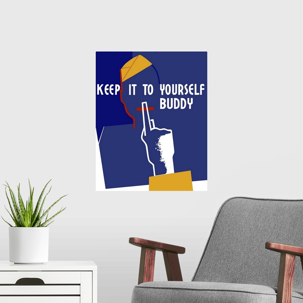 A modern room featuring Vintage World War II poster showing the silhouette of a soldier with his finger to his lips. It r...