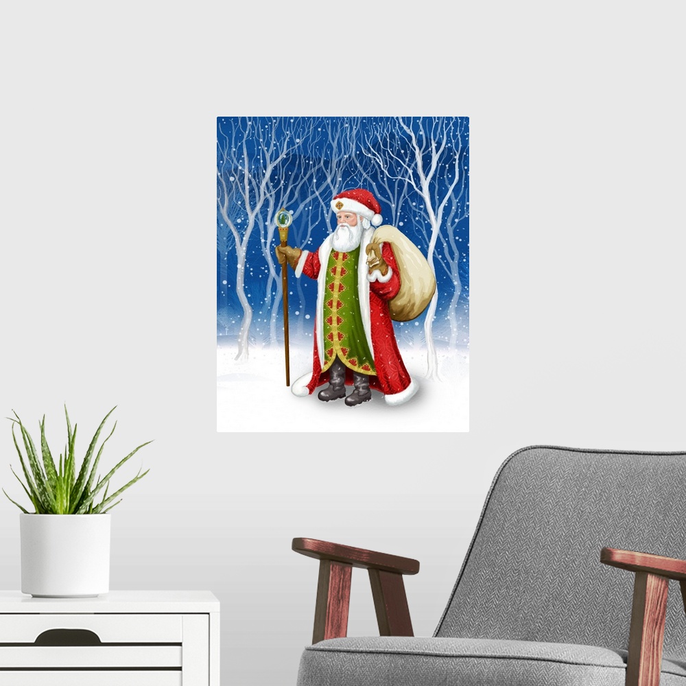 A modern room featuring Traditional image of Santa Claus in a snowy forest.