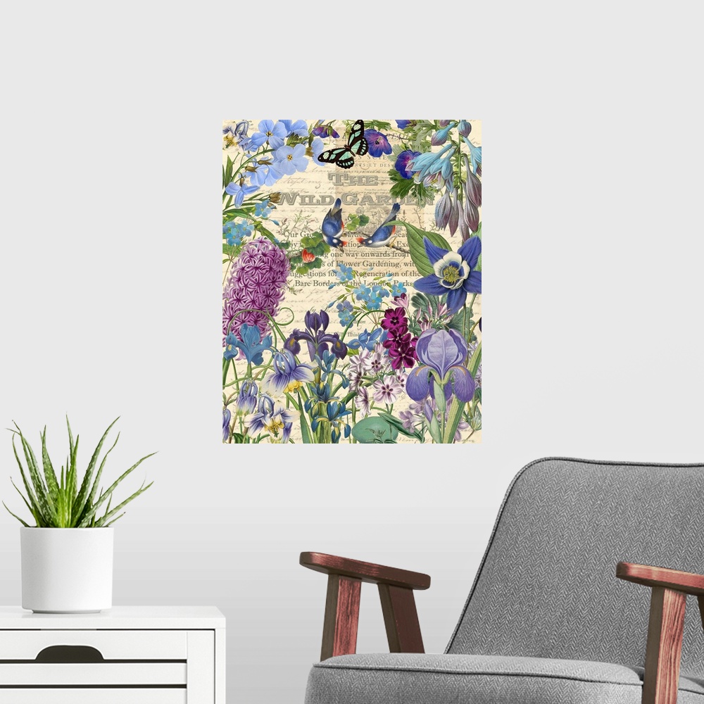 A modern room featuring Vintage illustrations of irises and birds arranged in a garden scene.