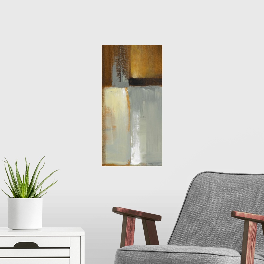 A modern room featuring Vertical contemporary painting on a large wall hanging of large rectangular shapes in various col...