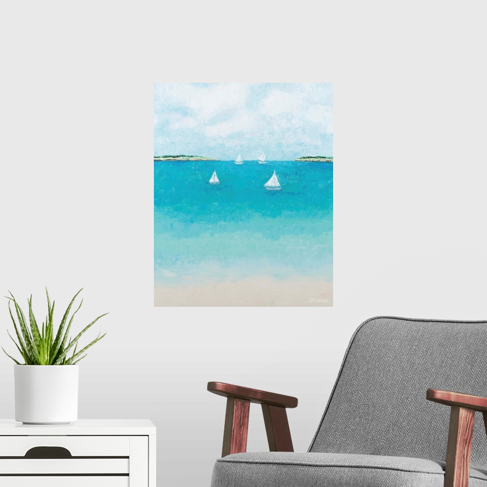 A modern room featuring Four tiny white sailboats on cool blue water.