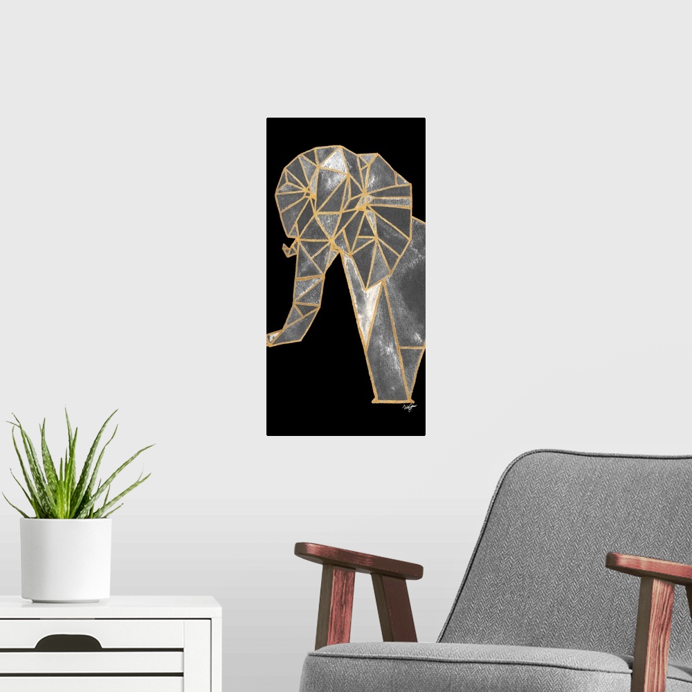A modern room featuring Abstract elephant created with metallic gold geometric shapes on a solid black background.