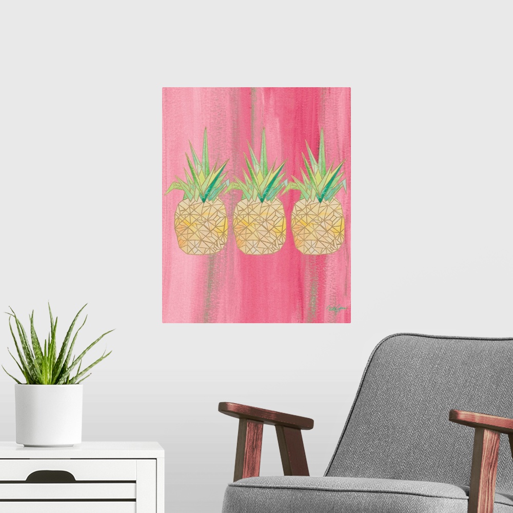 A modern room featuring Painting of three pineapples created with metallic gold geometric shapes on a pink background.