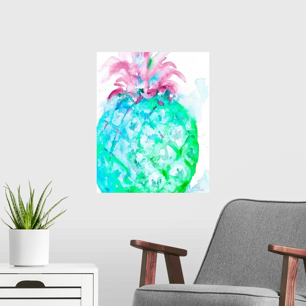A modern room featuring Watercolor painting of a giant blue, green, and purple pineapple on a white background with some ...