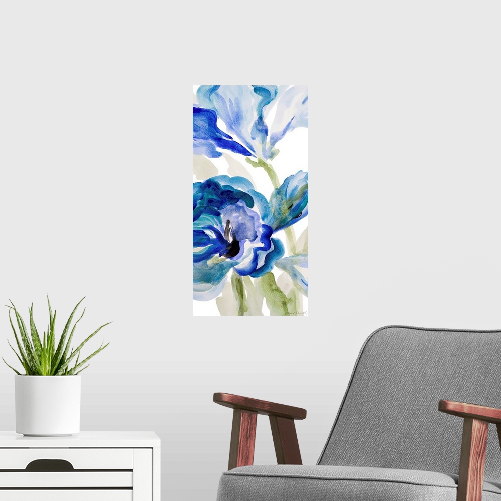 A modern room featuring Watercolor painting of vibrant blue flowers against a white background.