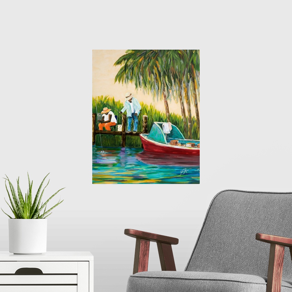 A modern room featuring Two men on a wooden dock near palm trees with a red fishing boat.
