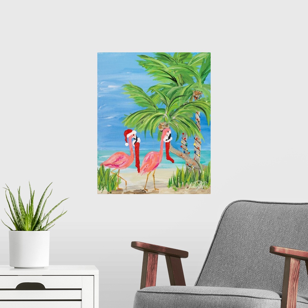 A modern room featuring Fun tropical Christmas themed painting of two pink flamingos carrying stockings in their beaks to...