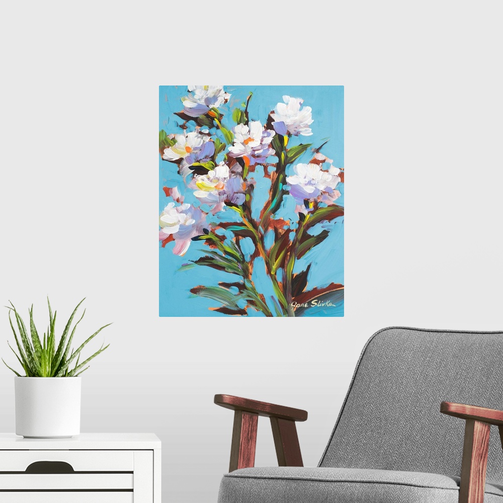 A modern room featuring Contemporary painting of several white flowers in bloom.