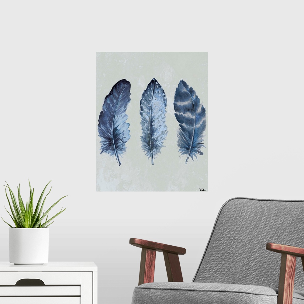 A modern room featuring Painting of three dark blue feathers of varying patterns.