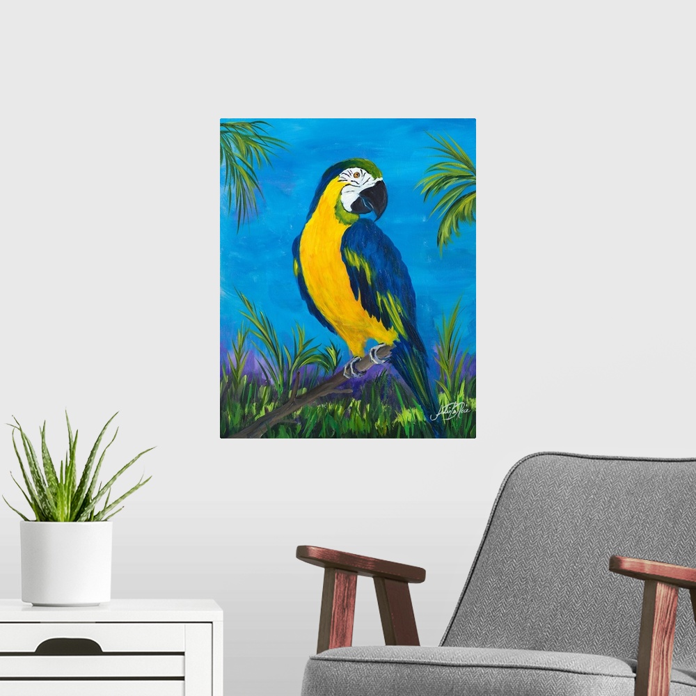 A modern room featuring Contemporary painting of a parrot on a branch surrounded by lush green trees and plants with a br...