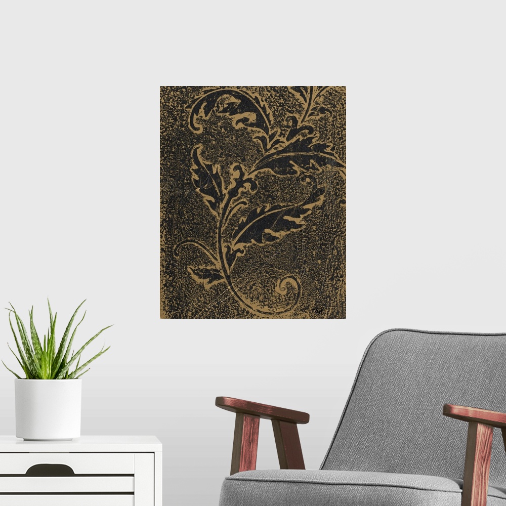 A modern room featuring Black and gold textured painting of a leaf silhouette.