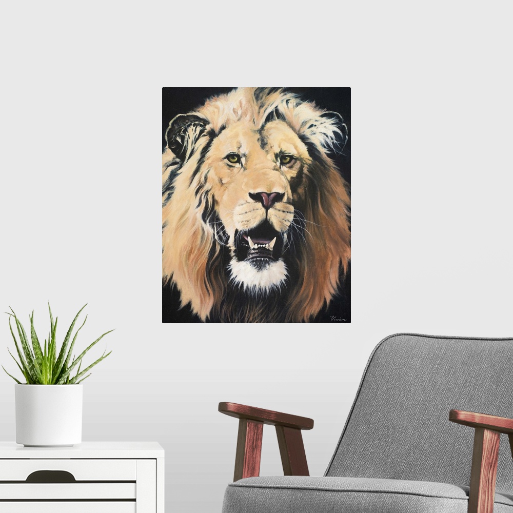 A modern room featuring Portrait of a lion roaring.