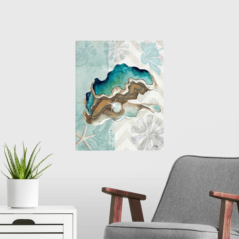 A modern room featuring A watercolor painting of an oyster shell with a pearl on a decorative nautical background.