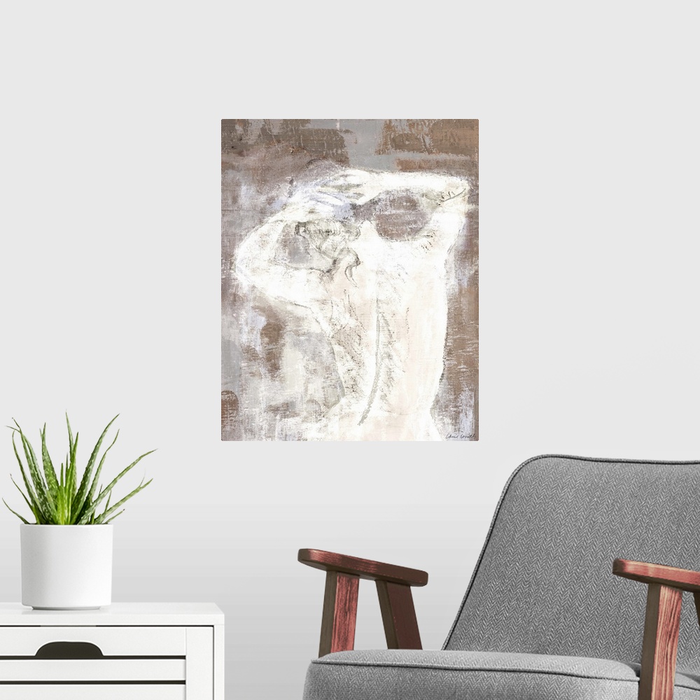 A modern room featuring Contemporary painting of a nude figure on a textured brown background.