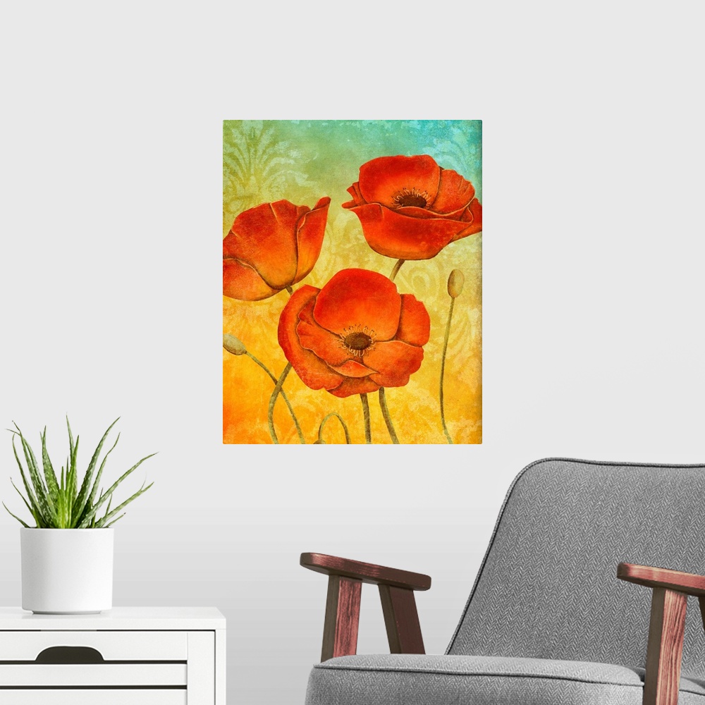 A modern room featuring Contemporary painting of three red poppies on a yellow and blue background.