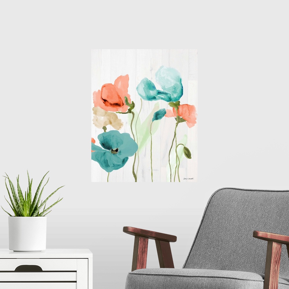 A modern room featuring Contemporary watercolor painting of blue and orange poppy flowers on a rustic white wood paneled ...