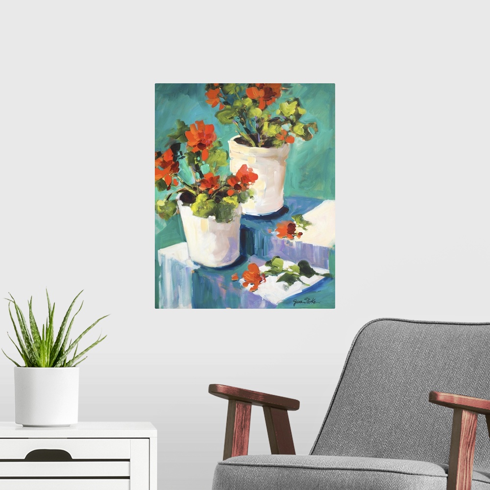 A modern room featuring Still life painting of two white pots with red poppies.