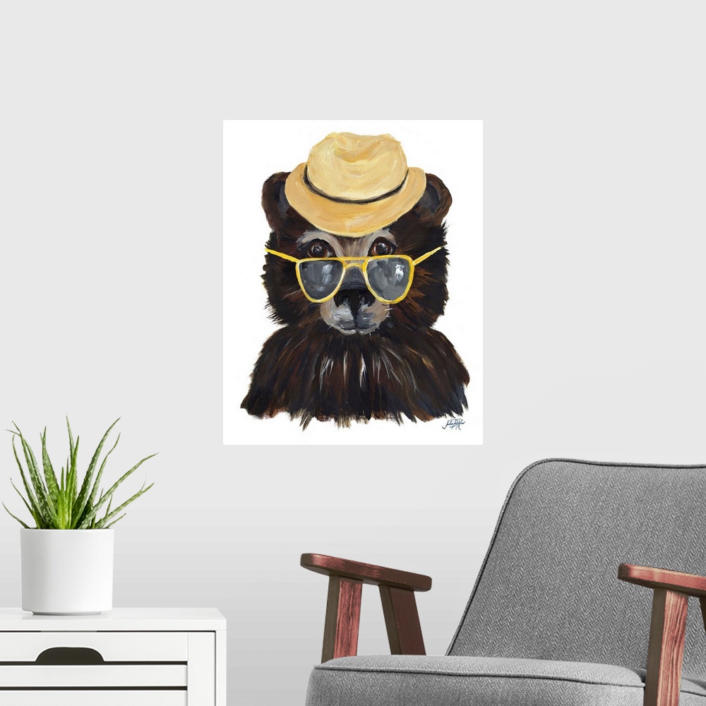 A modern room featuring Contemporary painting of a bear wearing a fedora and yellow sunglasses.