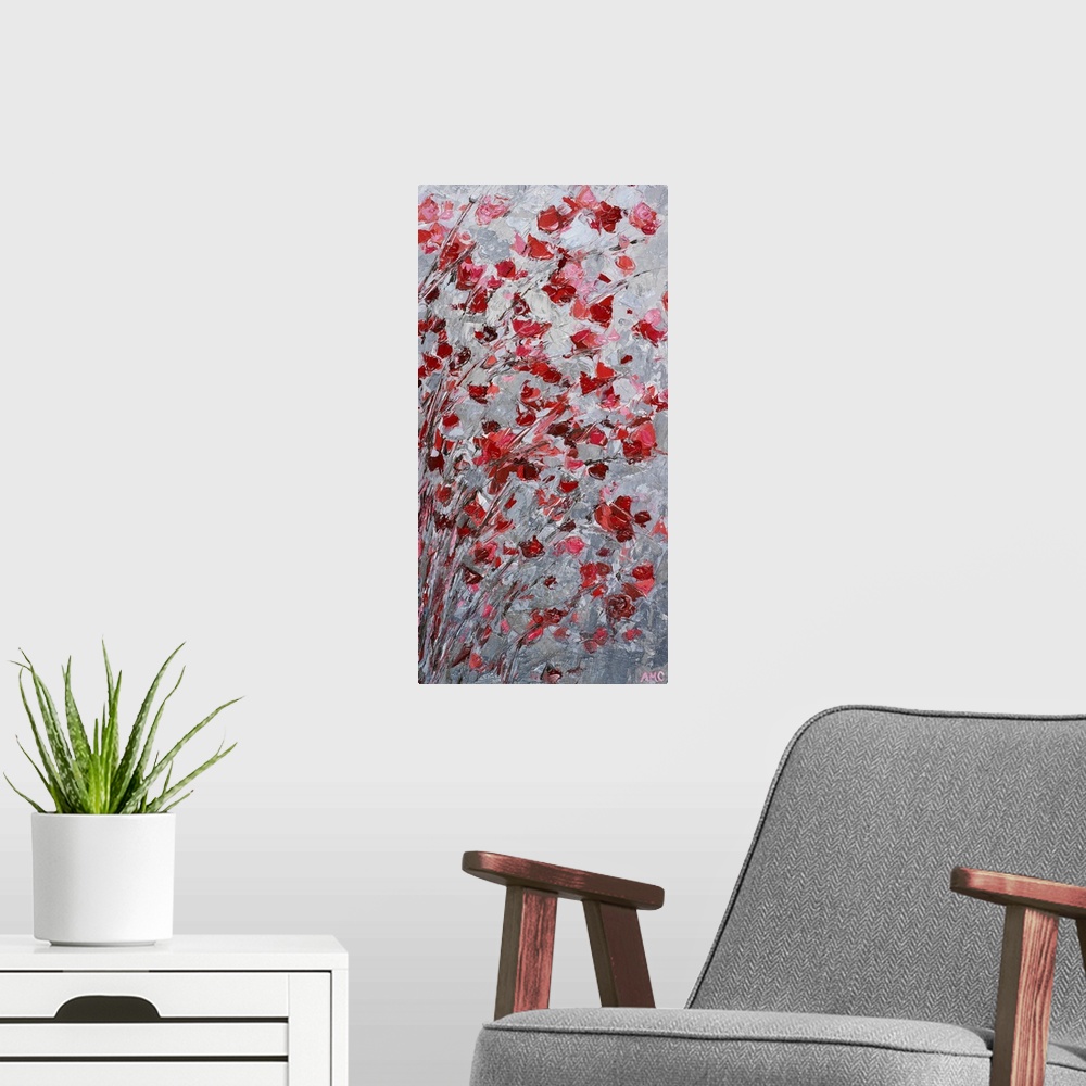 A modern room featuring Contemporary painting of little red flowers on thin branches resembling a cherry blossom tree.