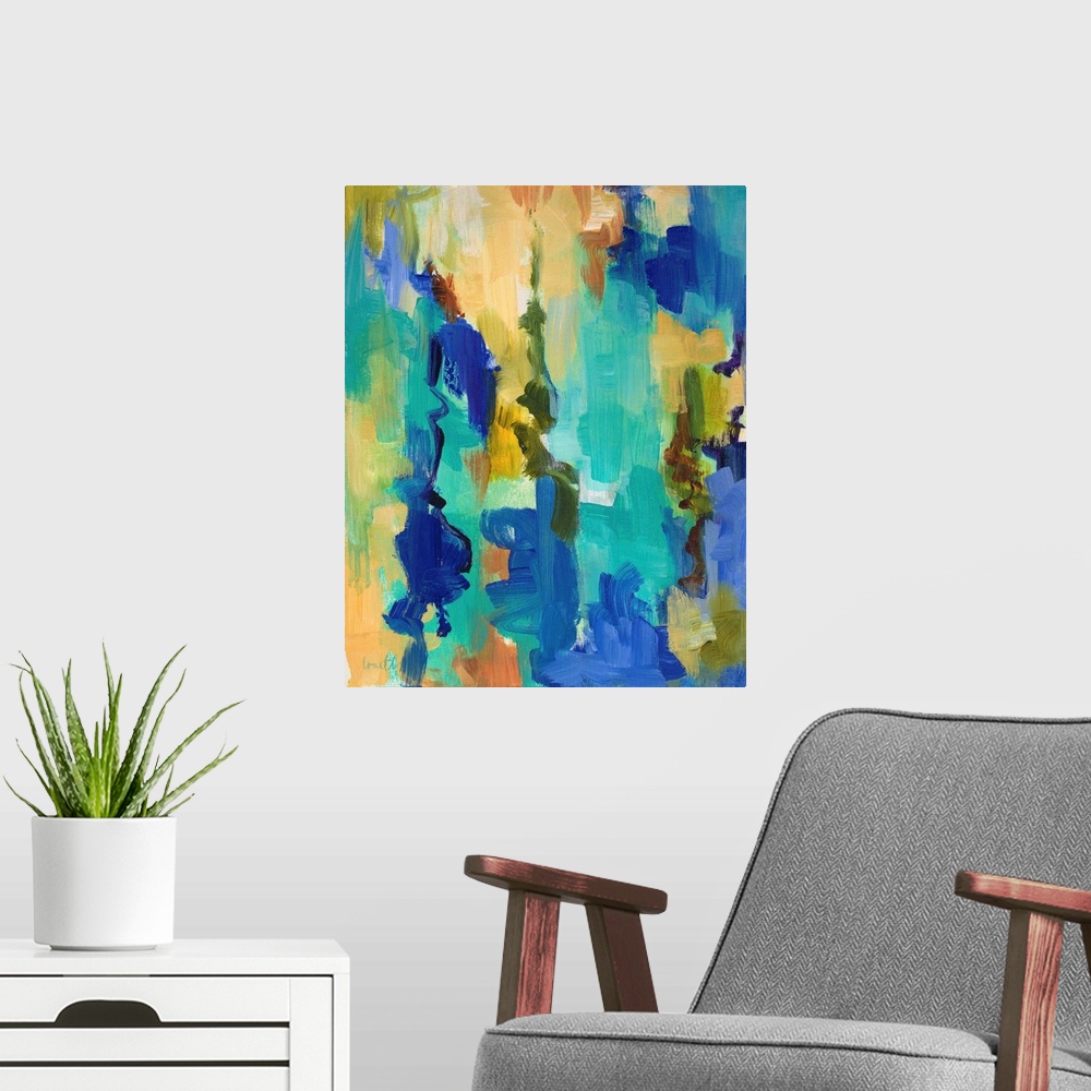 A modern room featuring Vibrantly colored abstract artwork in shades of teal and gold.