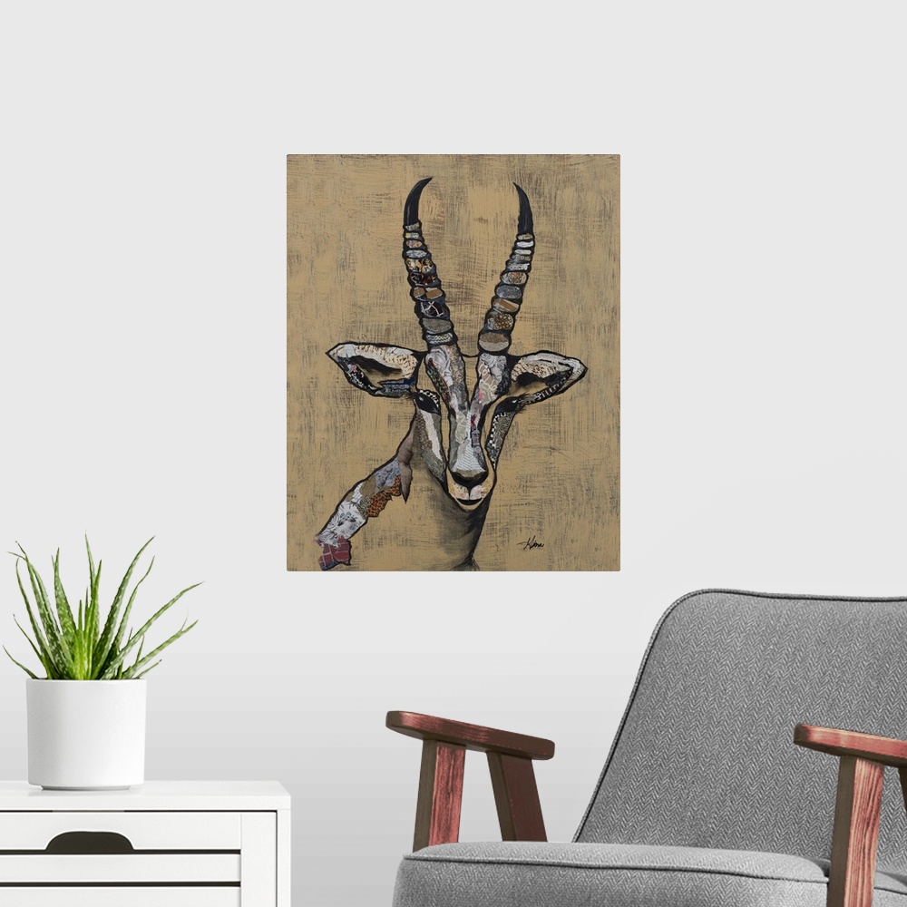 A modern room featuring Portrait of a Thompson's Gazelle with patterned collage elements.