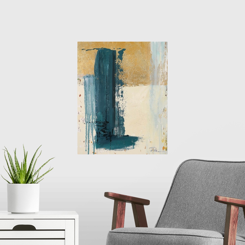 A modern room featuring An abstract painting with a bold, blue brush stroke moving vertically down and stopped by a small...