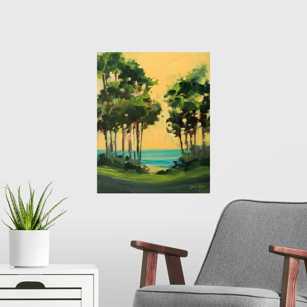 A modern room featuring Contemporary landscape painting with trees near the ocean.
